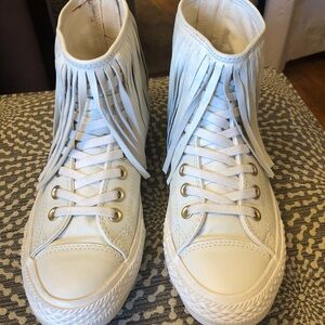 Converse women hi-top, cream color, leather with fringe accent